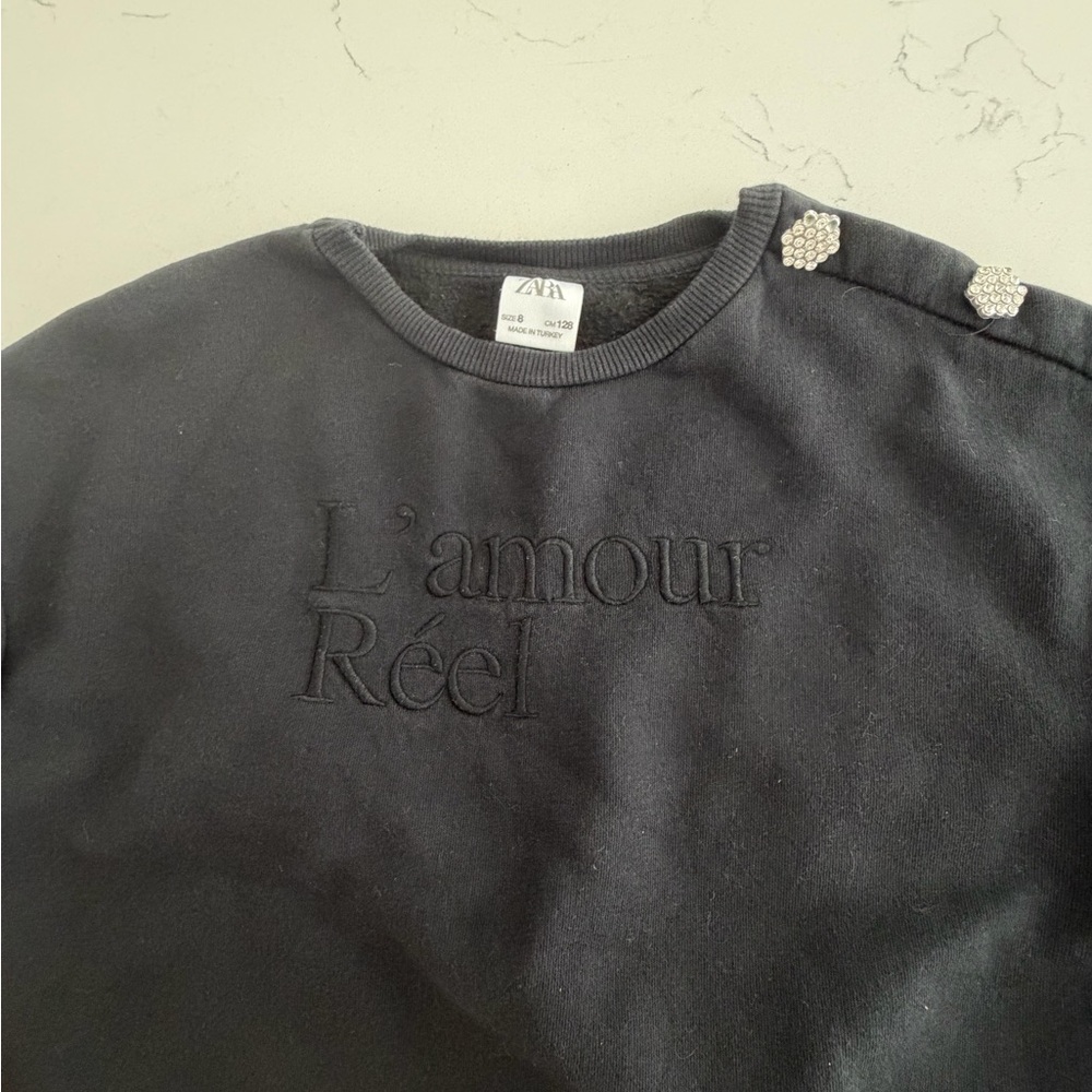 Zara Charcoal Sweatshirt with Embroidery and Rhinestone Accents